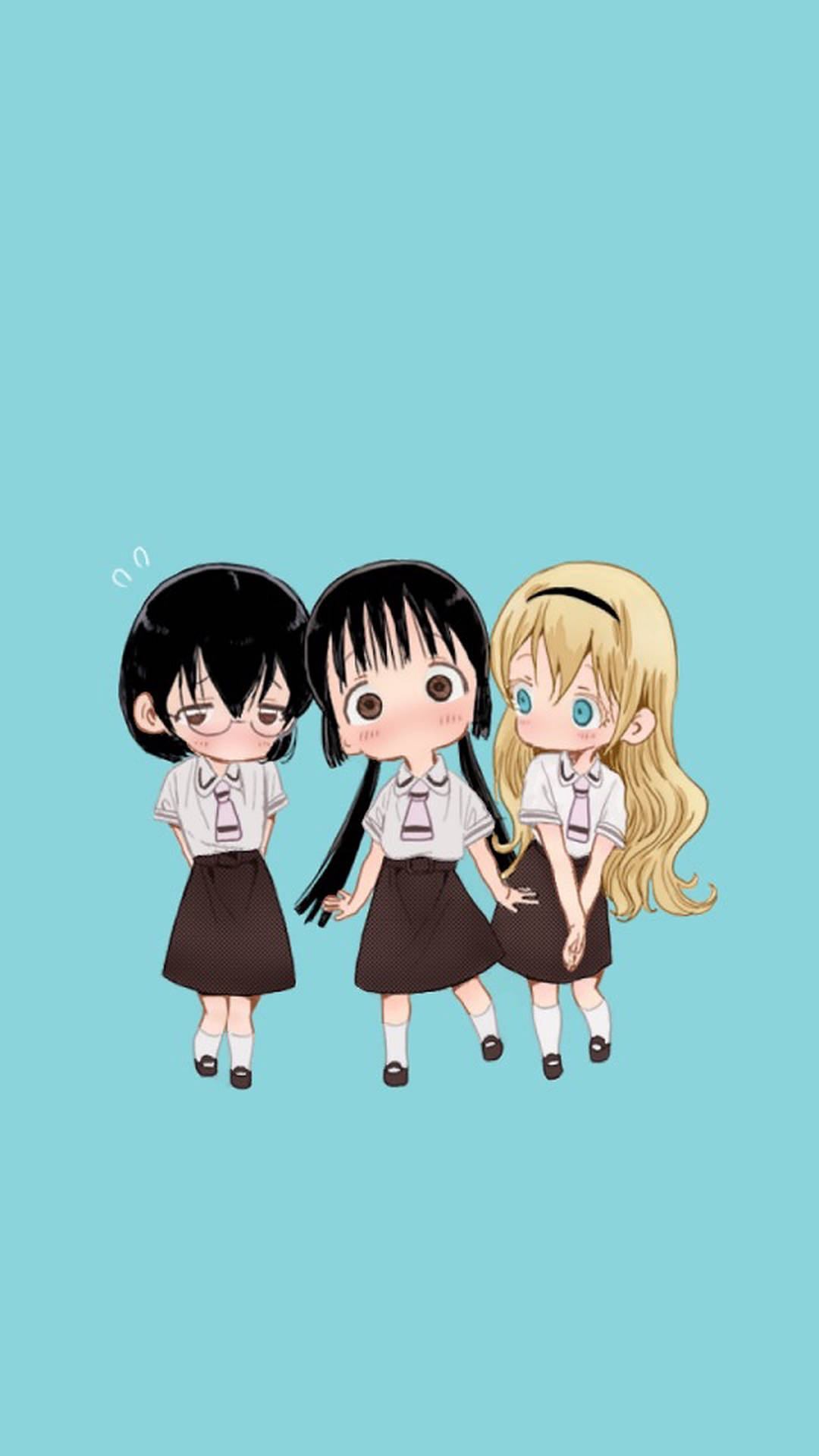 三個穿著校服的Q版動漫女孩，在青色背景上展現多種表情。