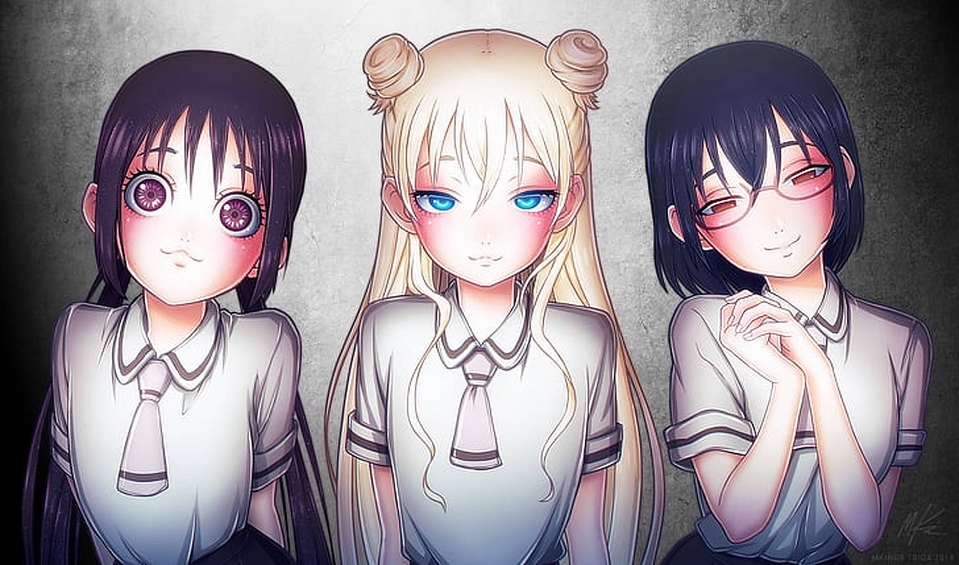 三個穿著制服、眼睛顏色和表情各異的動漫女學生。
