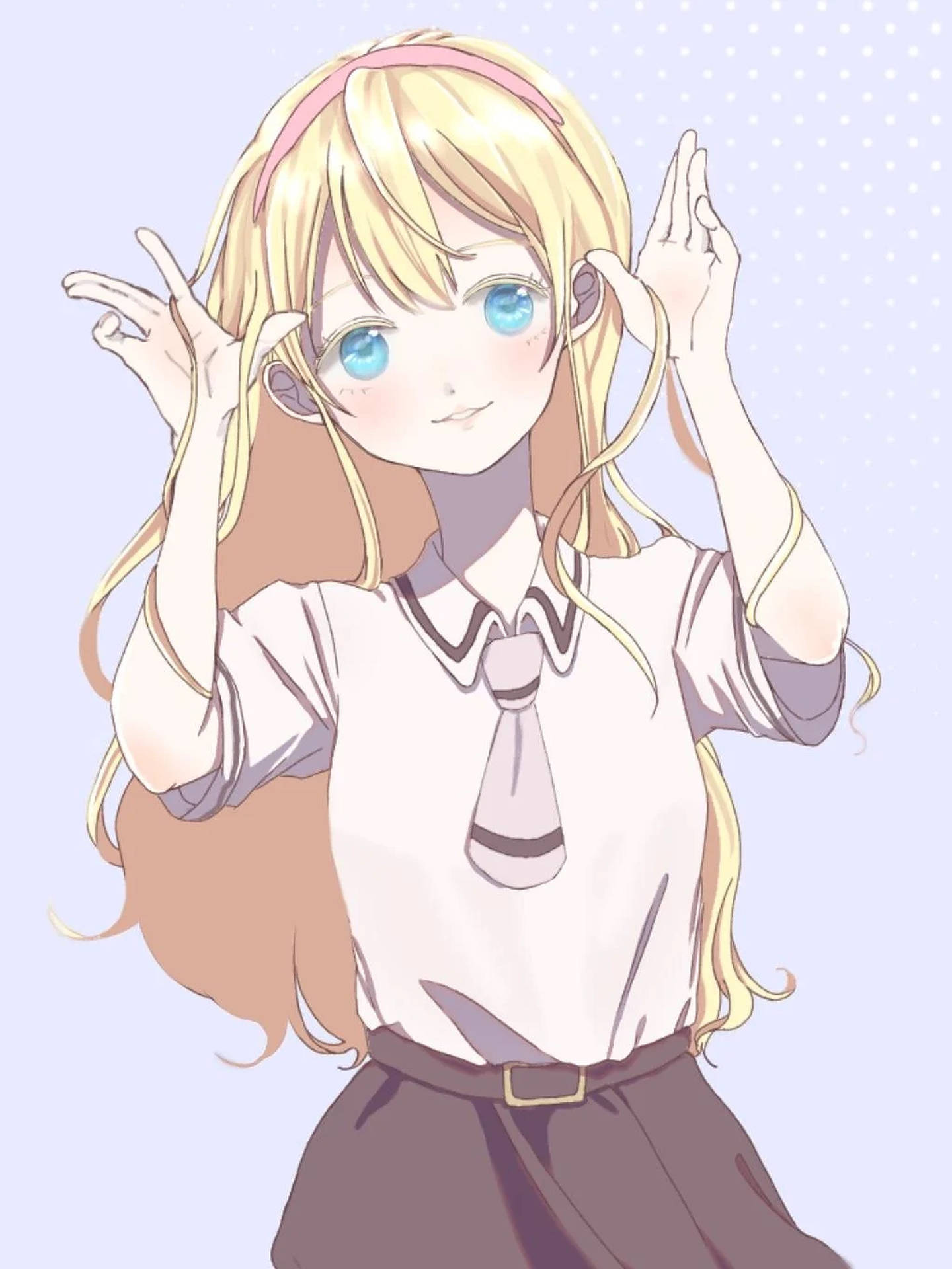 穿著校服的動漫女孩，明亮的藍眼睛和金髮，比出和平手勢。