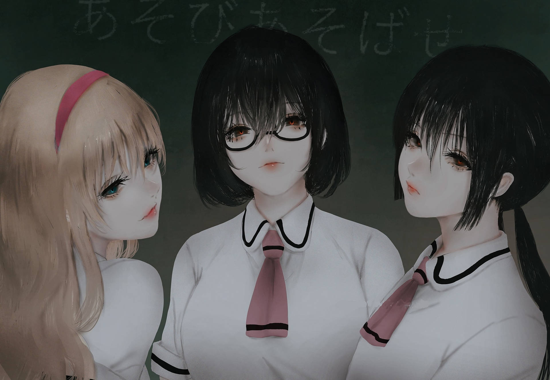 三個身穿白色校服、打粉紅色領呔嘅動漫女學生企喺黑板前面。