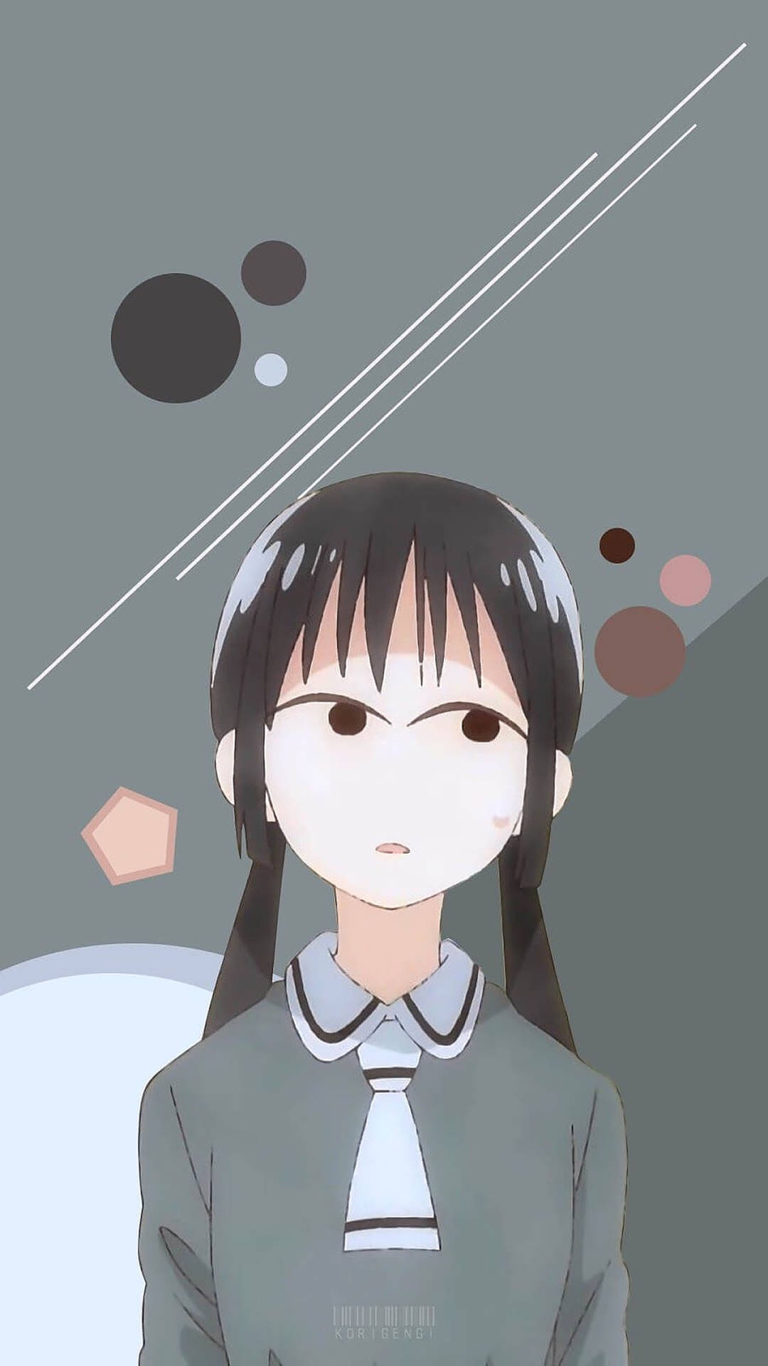 動漫女孩穿校服，黑色雙馬尾，幾何背景