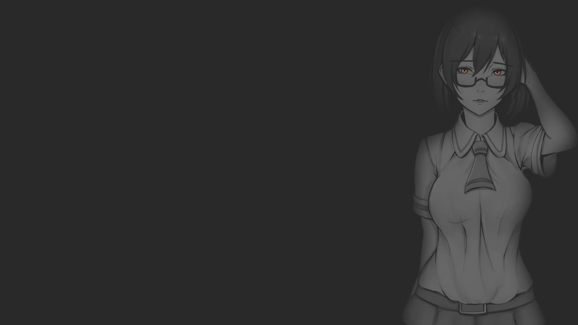 戴眼鏡的動畫女孩身穿校服，在深色背景前沉思。
