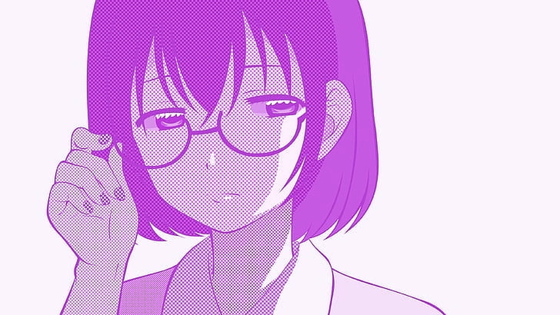 紫髮戴眼鏡的動漫女孩觸碰臉頰。