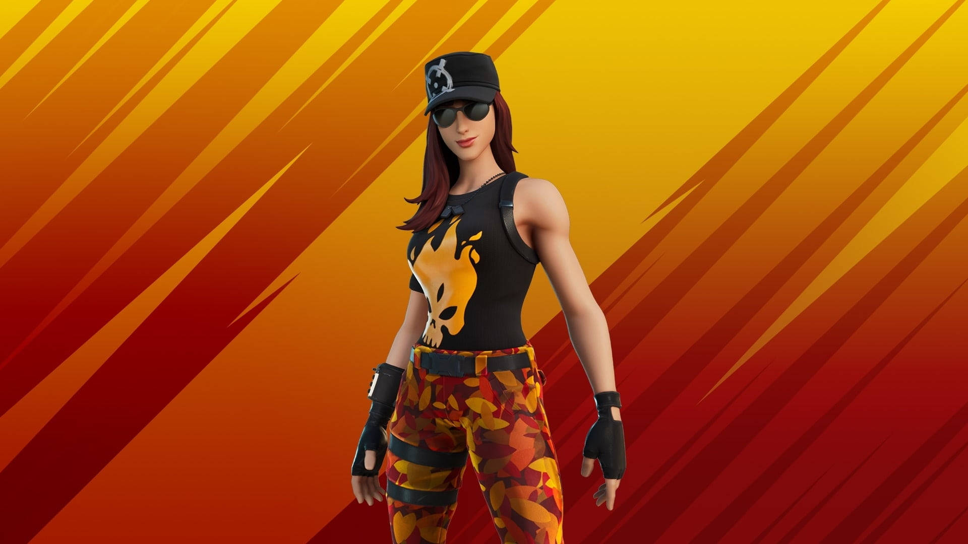 穿著火焰骷髏服裝的Fortnite角色，背景為火熱漸變