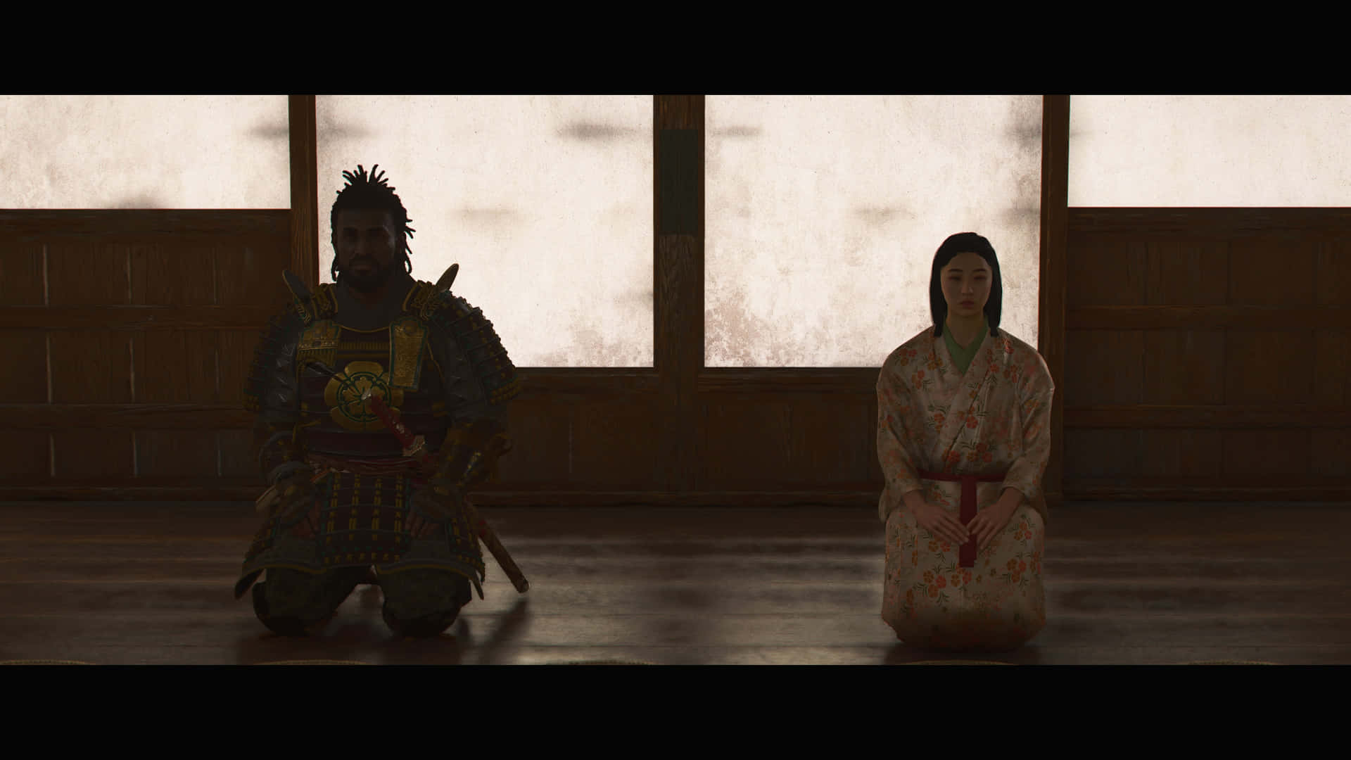 武士和女子跪在傳統日式房間，有紙屏風和木地板