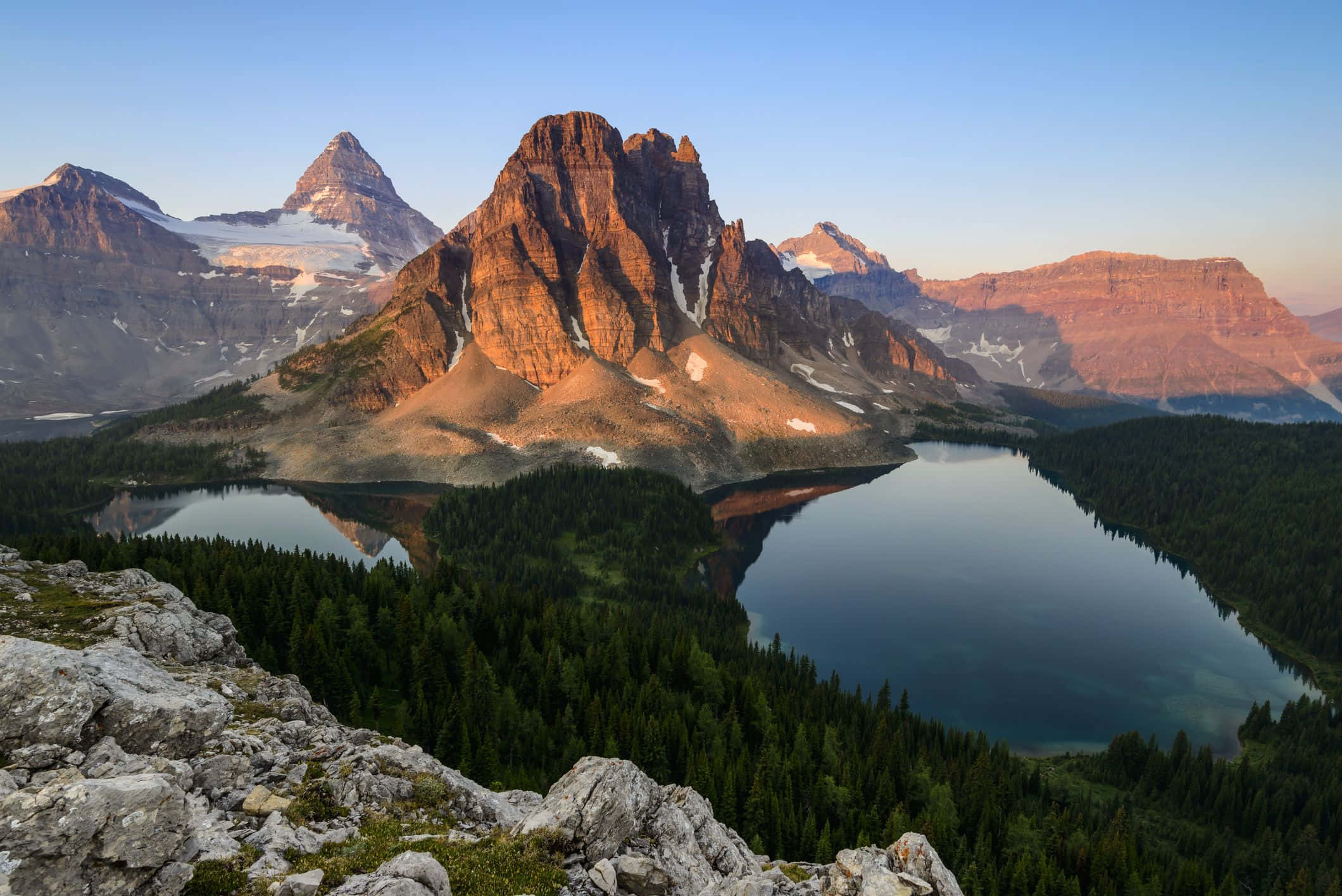 加拿大 Assiniboine 山峰美景 壁紙 — 夕陽將鋸齒狀的山峰沐浴在溫暖的金色中，它們的倒影完美地映照在一個被茂密常綠森林環繞的寧靜高山湖泊中。