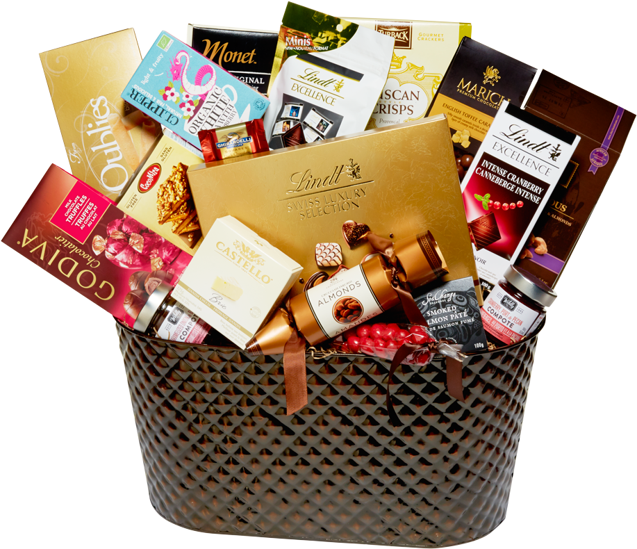高級禮品籃 assortment 壁紙 — 一個豪華禮品籃，裝滿了來自Lindt、Godiva和Monet等品牌的優質朱古力和美食佳餚。