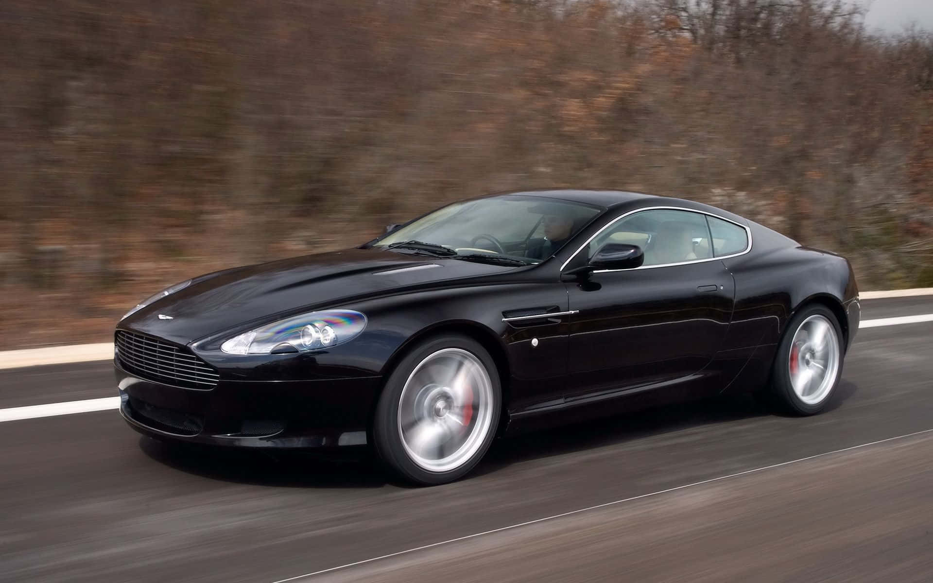 優雅的Aston Martin DB9馳騁開闊道路 壁紙 — 一架時尚的黑色Aston Martin跑車在道路上飛馳，背景是模糊的秋樹。