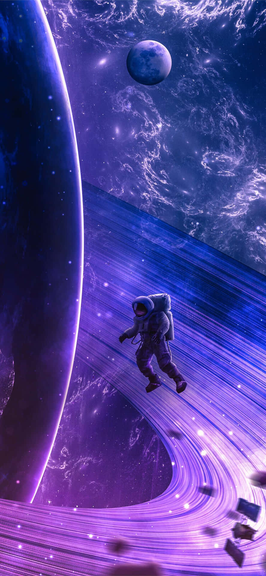 太空人在發光的紫色宇宙隧道中漂流，伴隨著行星和星星。