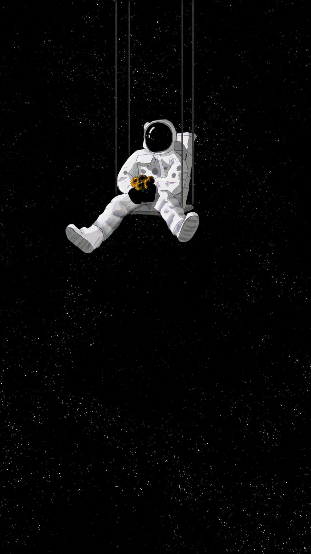  壁紙 — 一名太空人在星空的黑色虛空中漂浮，手持一朵向日葵。