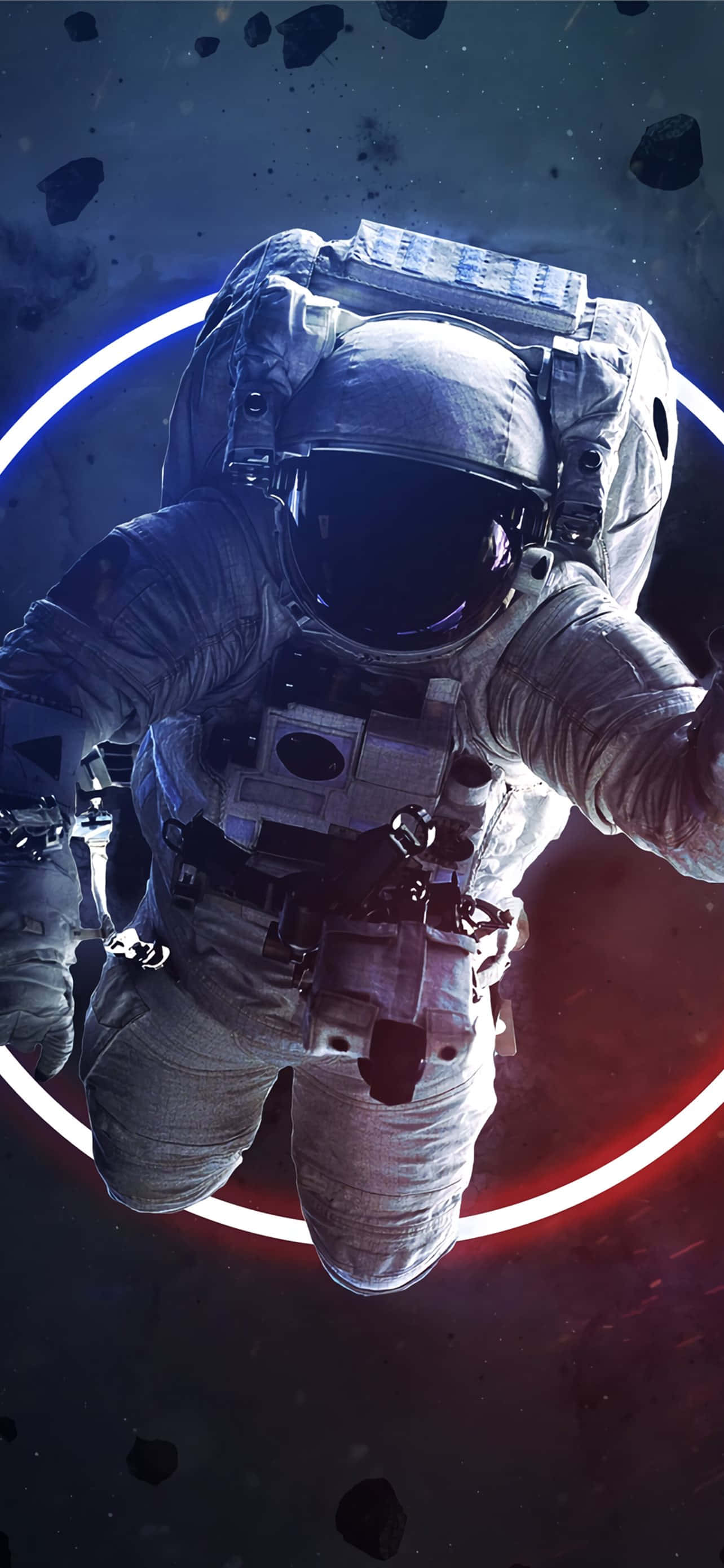 Neil Armstrong 桌布 壁紙 — 一名太空人在黑暗虛空中漂浮，被發光的紅藍環圈環繞，周圍還有漂浮的小行星。