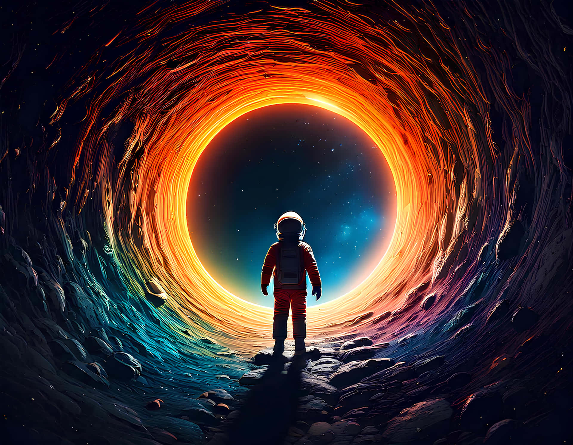 一名孤獨的太空人站在太空中發光的宇宙隧道前