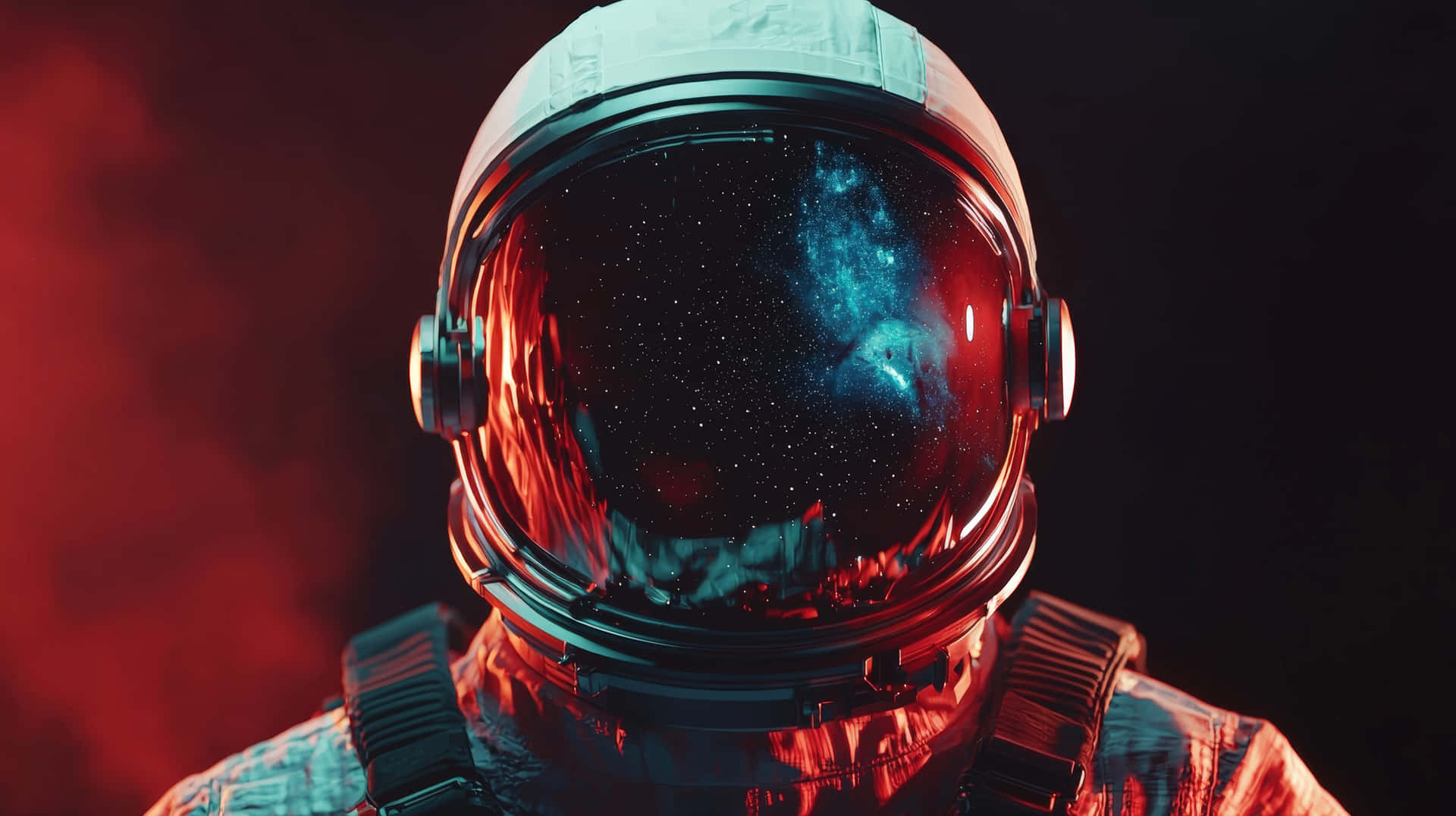 太空人的頭盔在紅色煙霧背景上反射出發光的星雲。