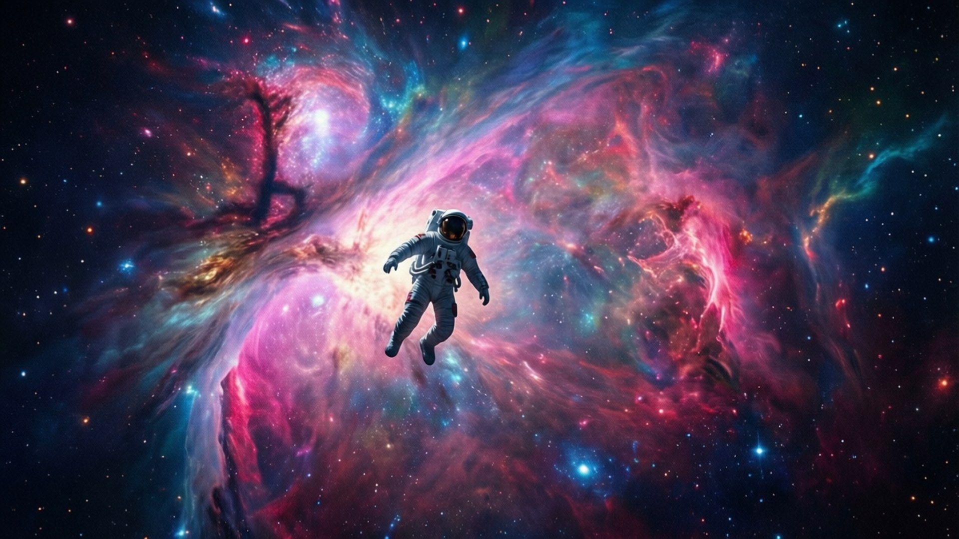 太空人在充滿星星和發光氣體的彩色宇宙星雲中漂流