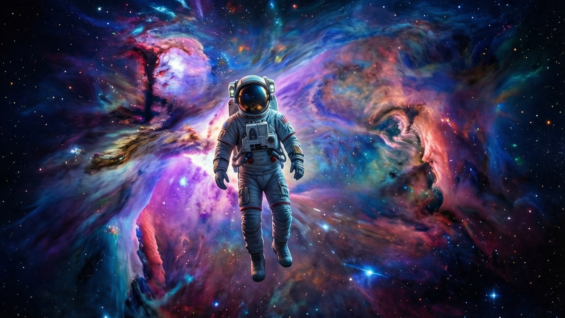 太空人在充滿星星和發光氣體的多彩宇宙星雲中漂流