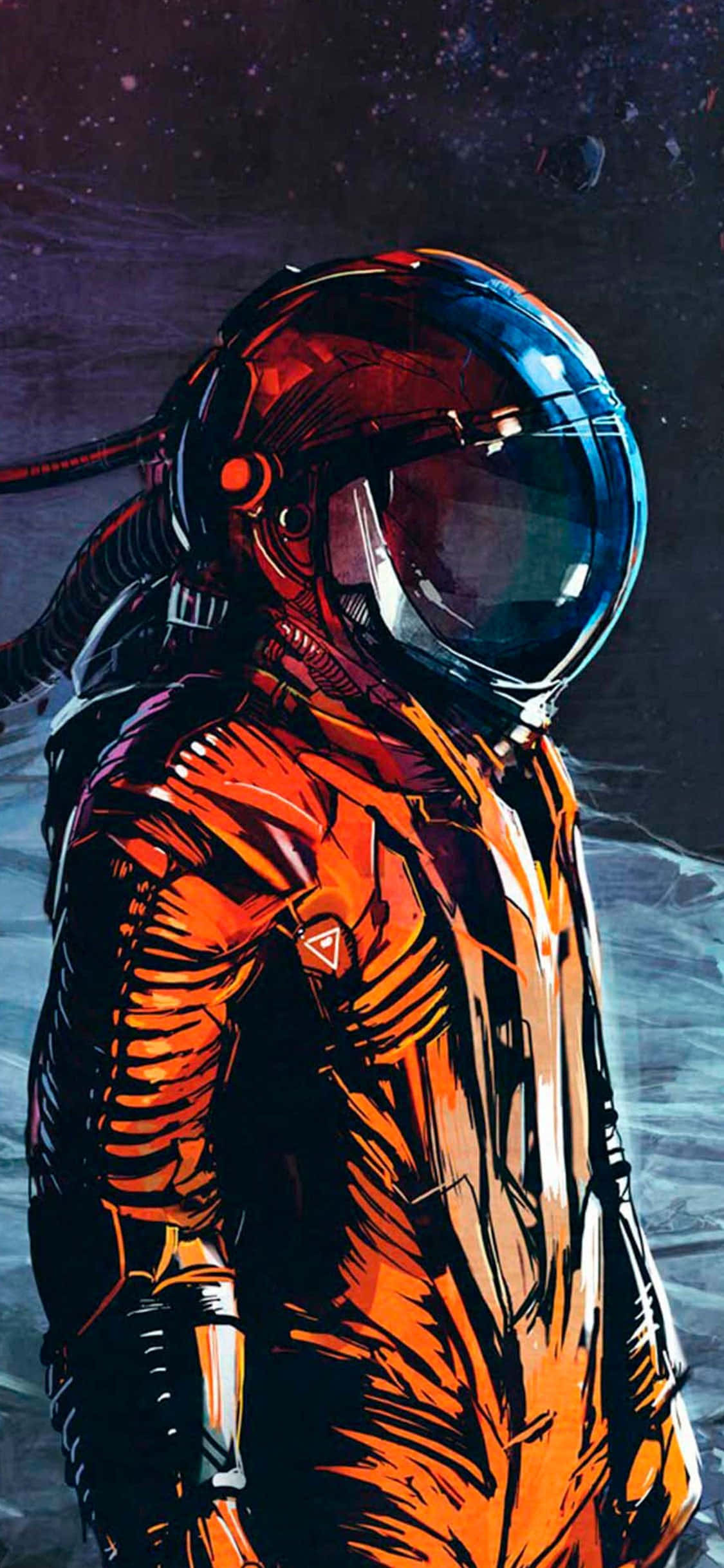 覺得自己超凡脫俗？即睇 Astronaut iPhone！ 壁紙 — 一個孤獨的太空人穿著鮮豔的橙色太空衣，站在類似月球的表面上，凝視著繁星點點的宇宙天空。