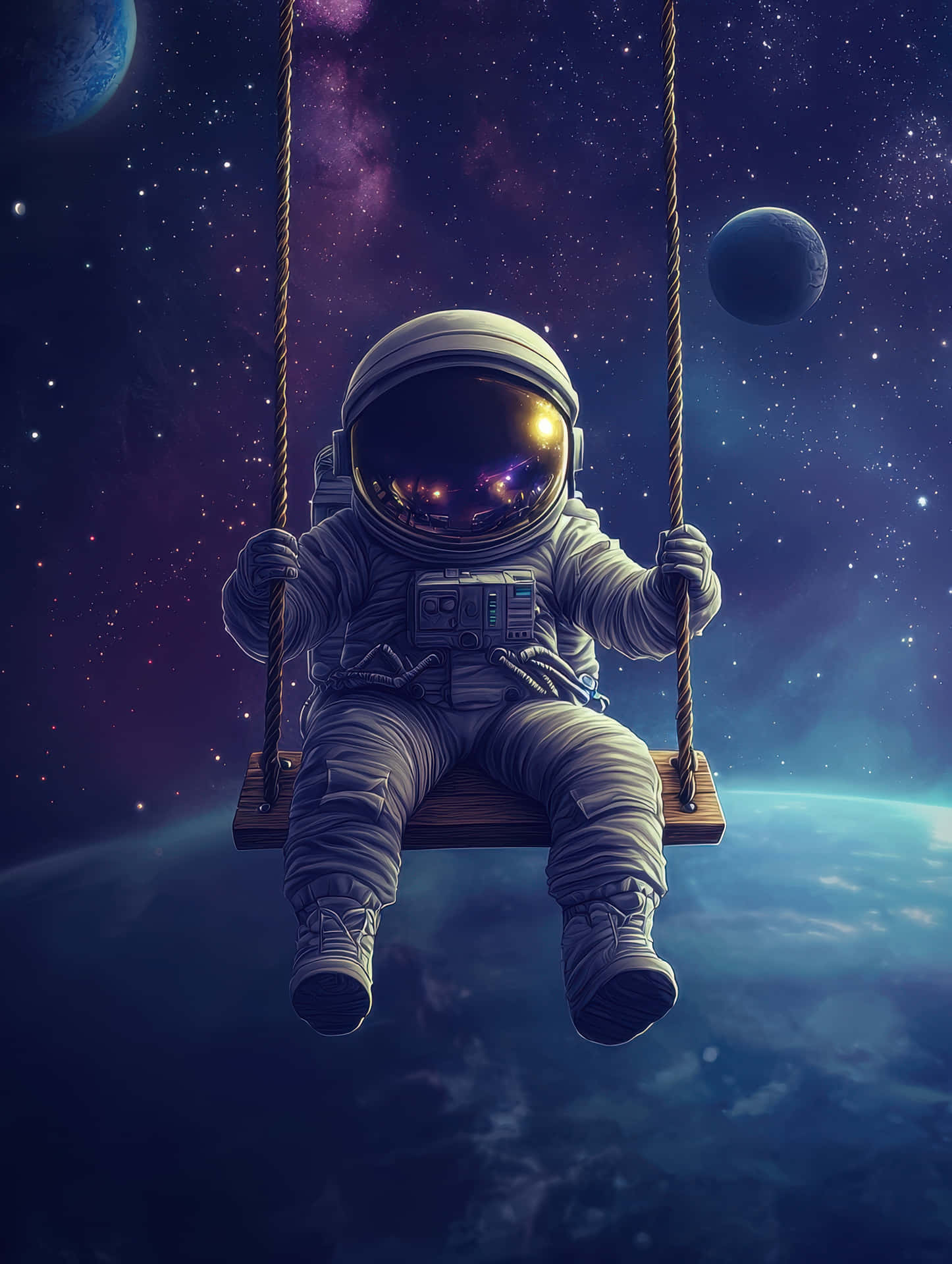 太空人在鞦韆上漂浮在太空中，背景有行星和星星