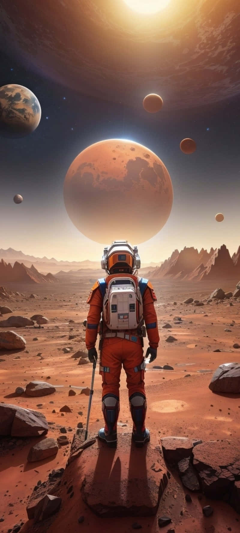 壁紙 — 一名身穿橙色裝備的太空人站在岩石外星行星上，凝視著一顆巨大的橙色月亮和遙遠的行星，下方是發光的太陽。