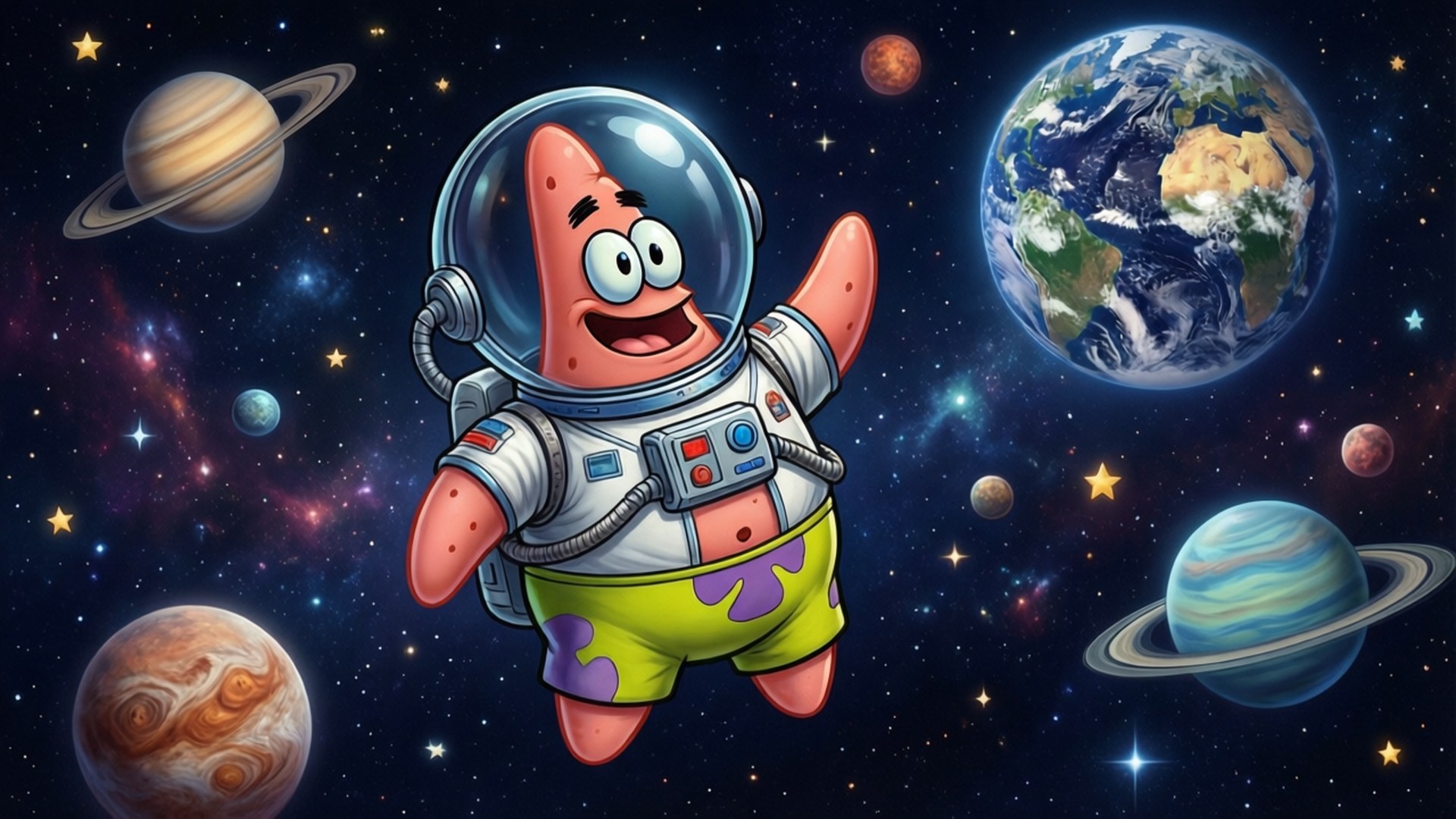 派大星穿著太空衣漂浮在行星和星星之間