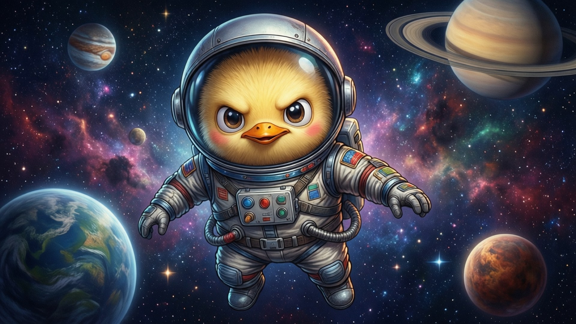 一隻卡通小雞太空人在地球和其他行星附近的太空中漂浮