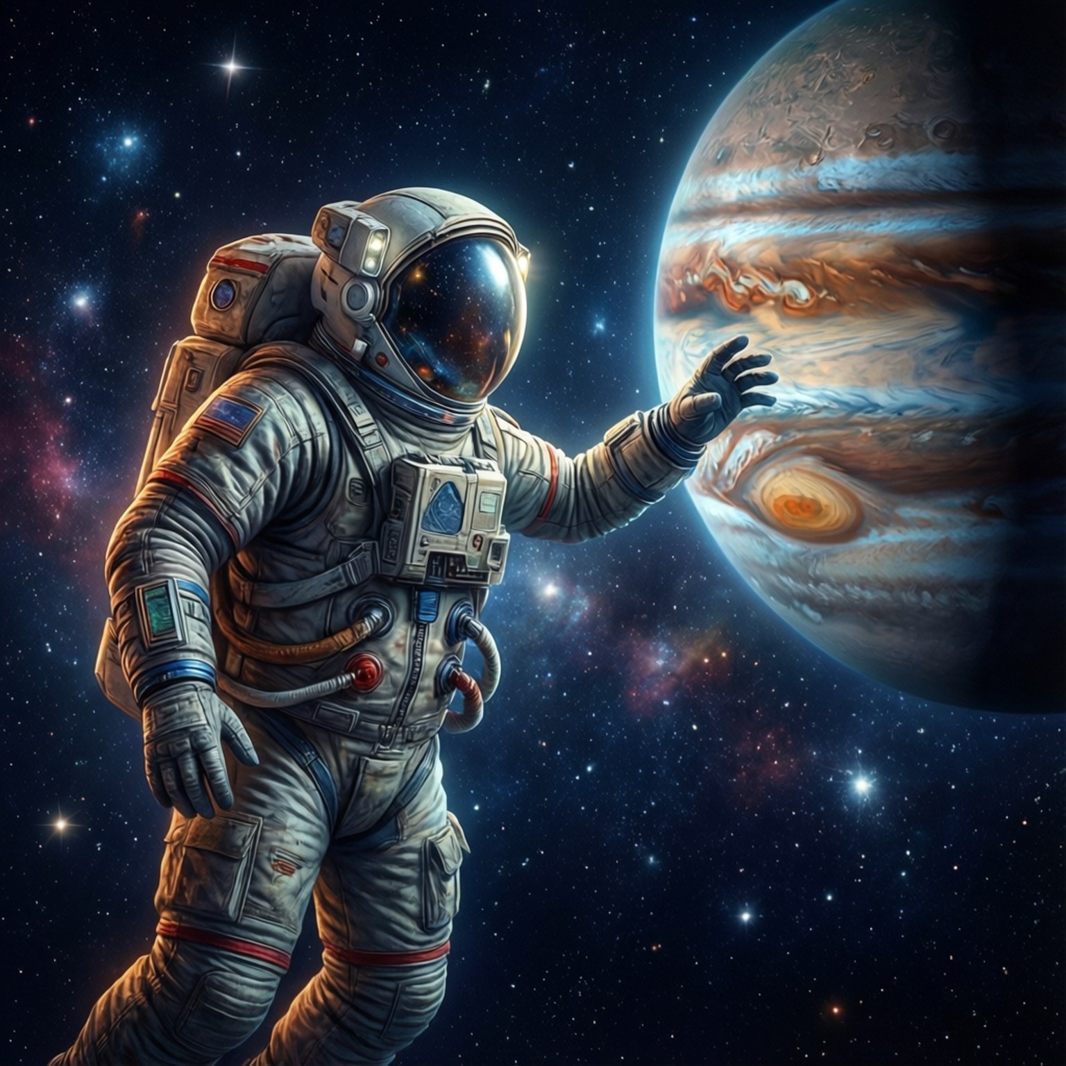 Astronaut's Escape 壁紙 — 一位穿著細節豐富太空衣的太空人，在繁星點點的宇宙背景下向木星伸出手。