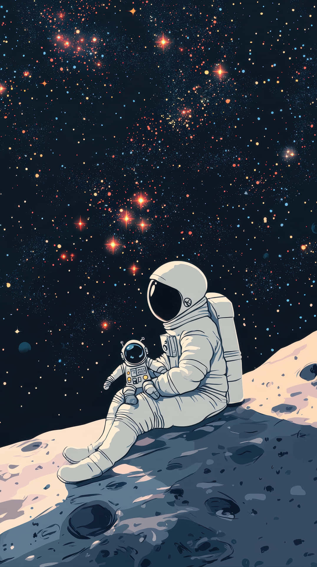 一名太空人和一個小機械人坐在月球上看星星