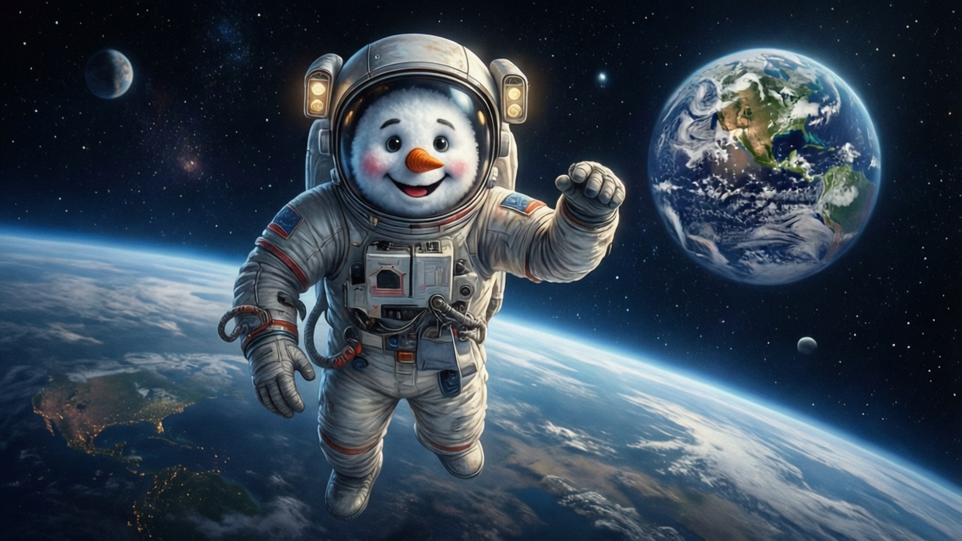 一個微笑嘅雪人穿著太空衣喺地球軌道上揮手，背景有星星同月球。