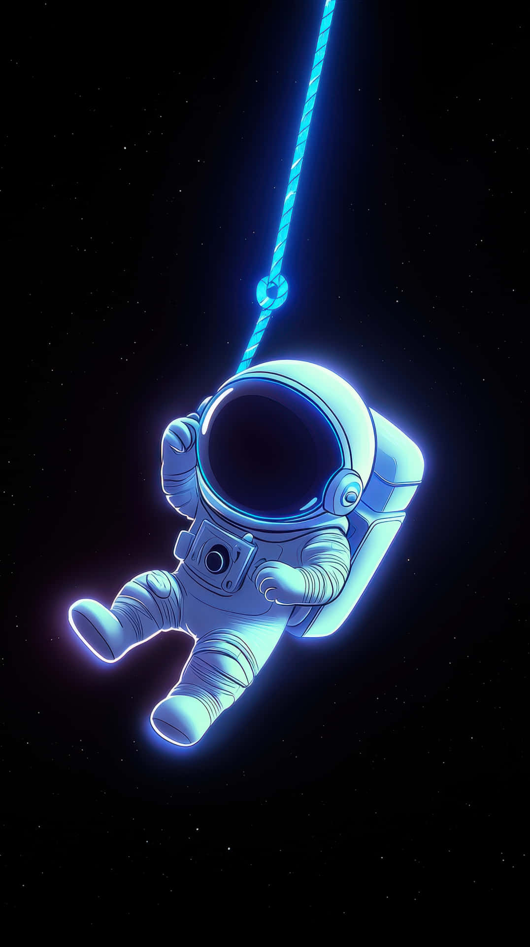 一個發光的藍色太空人漂浮在太空中，被一條繩索繫著，背景是佈滿星星的。
