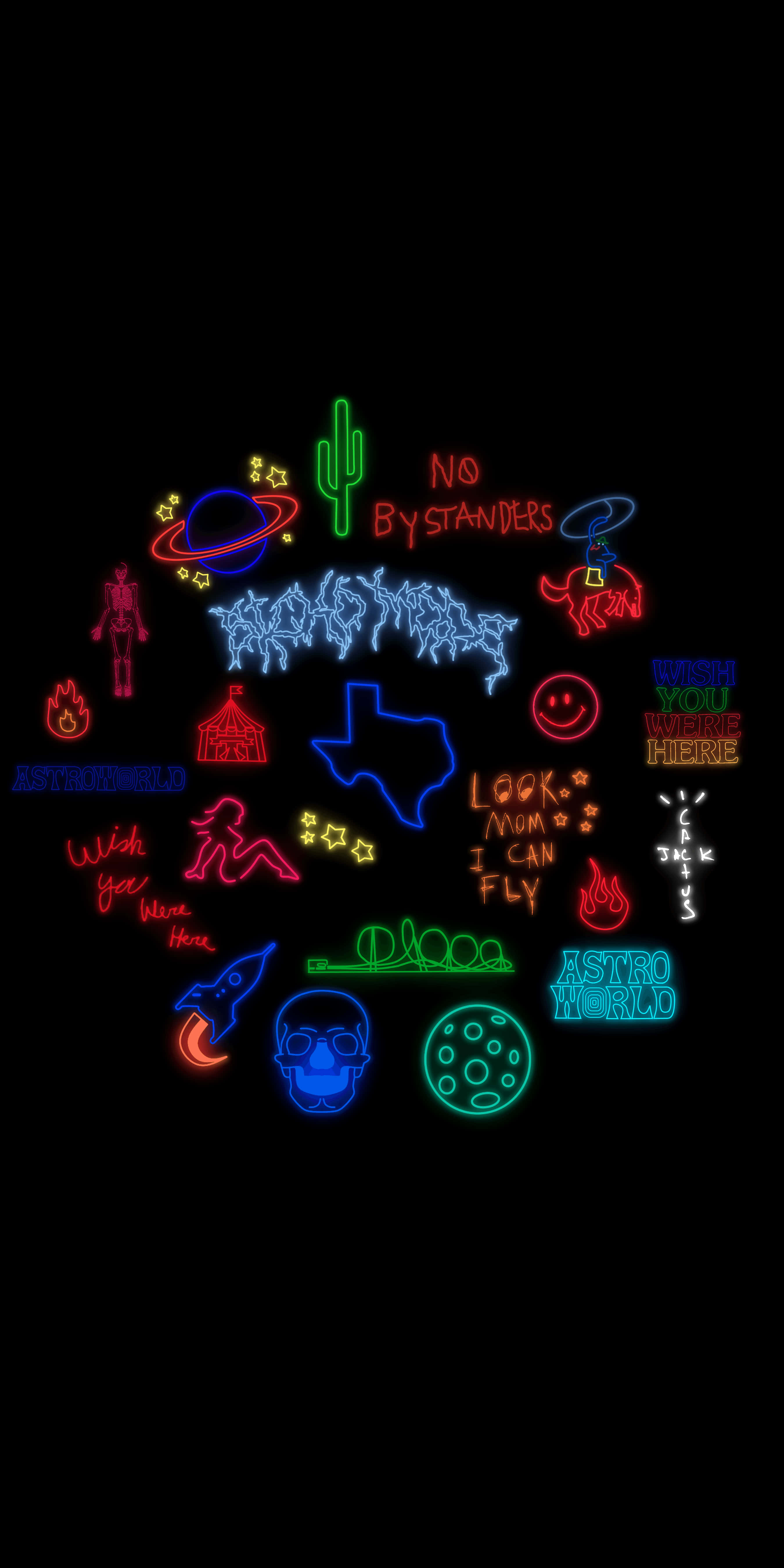 慶祝 Astroworld 及其音樂 壁紙 — 鮮豔的霓虹燈在黑色背景上發光，包含AstroWorld圖標、仙人掌、火箭和俏皮短語。