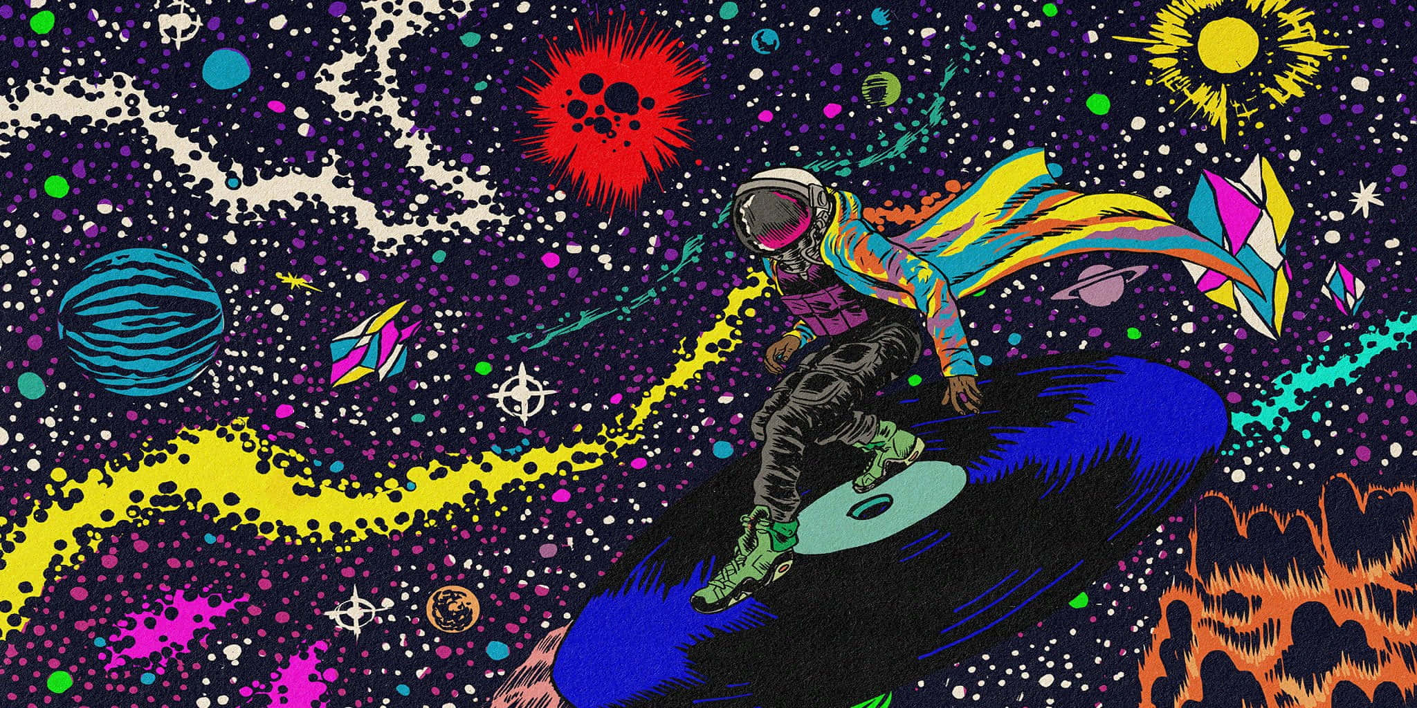 歡迎來到 Astroworld，無限奇觀與刺激的世界！ 壁紙 — 一個充滿活力的太空人在宇宙波浪上衝浪，穿越一個充滿色彩繽紛行星和恆星的迷幻星系。