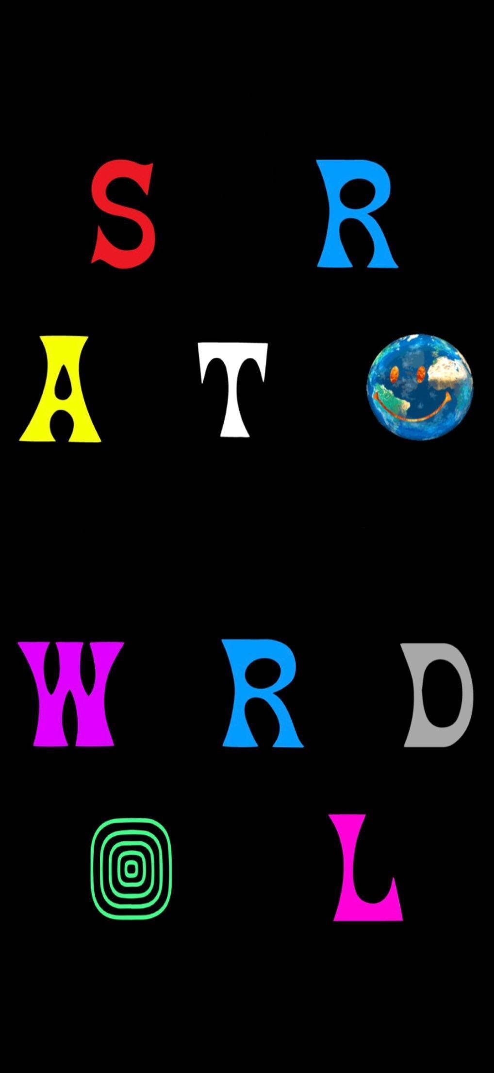 以史詩級粉絲藝術慶祝Astroworld 壁紙 — 在黑底上拼出「STRATO WORLD」的鮮豔彩色字母，搭配地球儀和螺旋圖形。