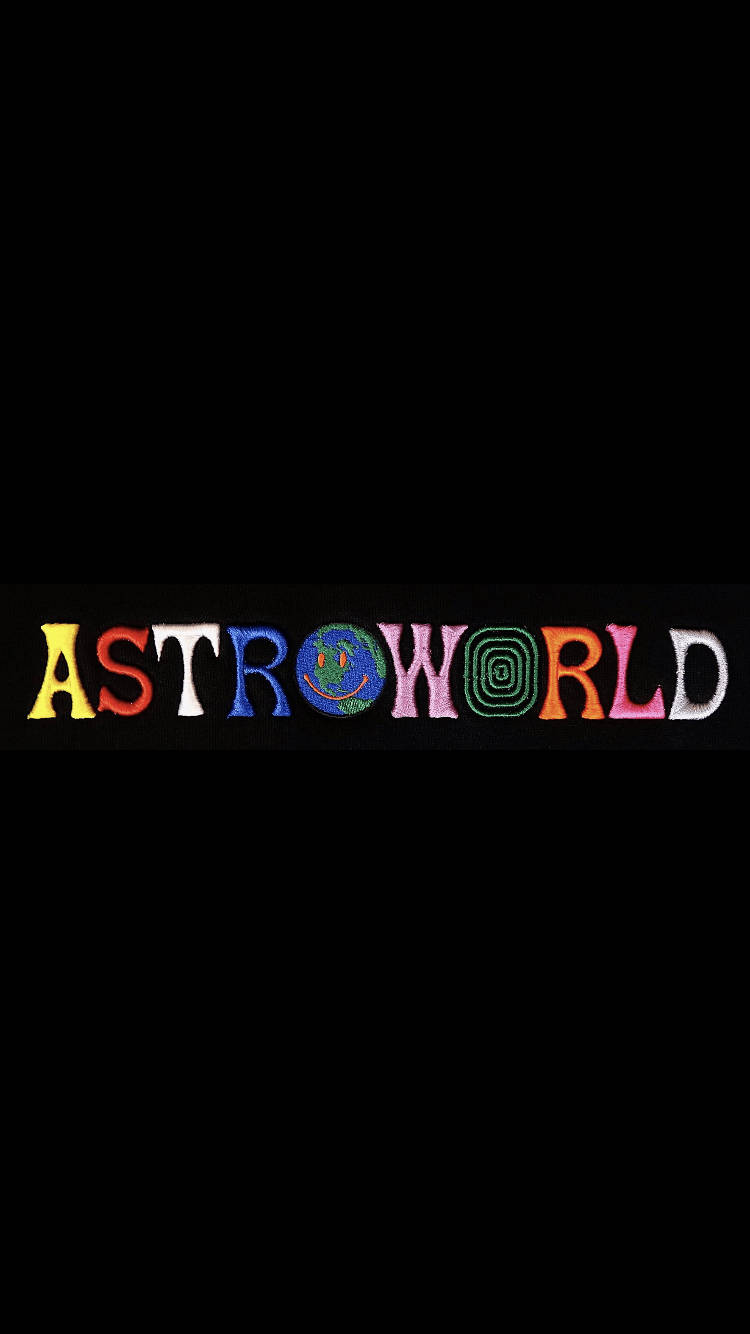 彩色刺繡ASTROWORLD標誌，帶有微笑地球，黑色背景