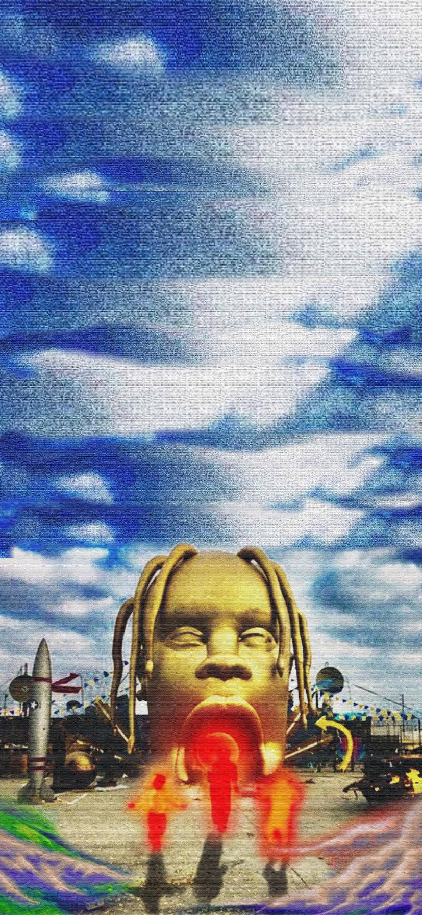 大型金色頭像噴出火焰，小人物在它口中奔跑，背景是多雲的天空。
