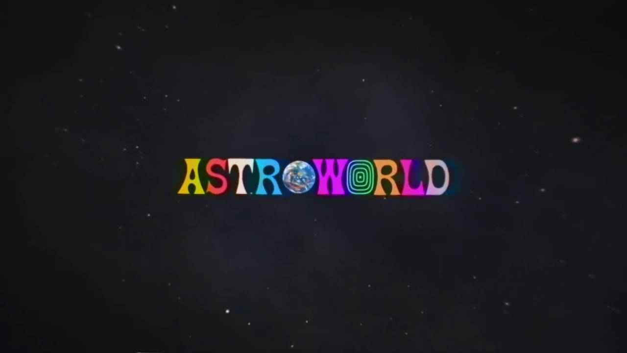 色彩繽紛的 'ASTROWORLD' 標誌，地球在 O 的位置，背景是星空。