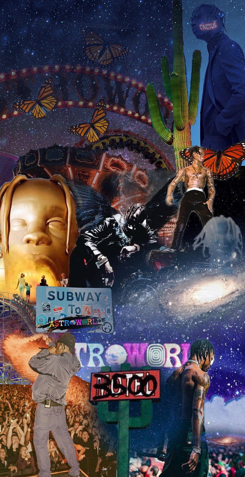 超現實宇宙拼貼畫，包含Travis Scott、蝴蝶、仙人掌和霓虹燈牌，在星空下。