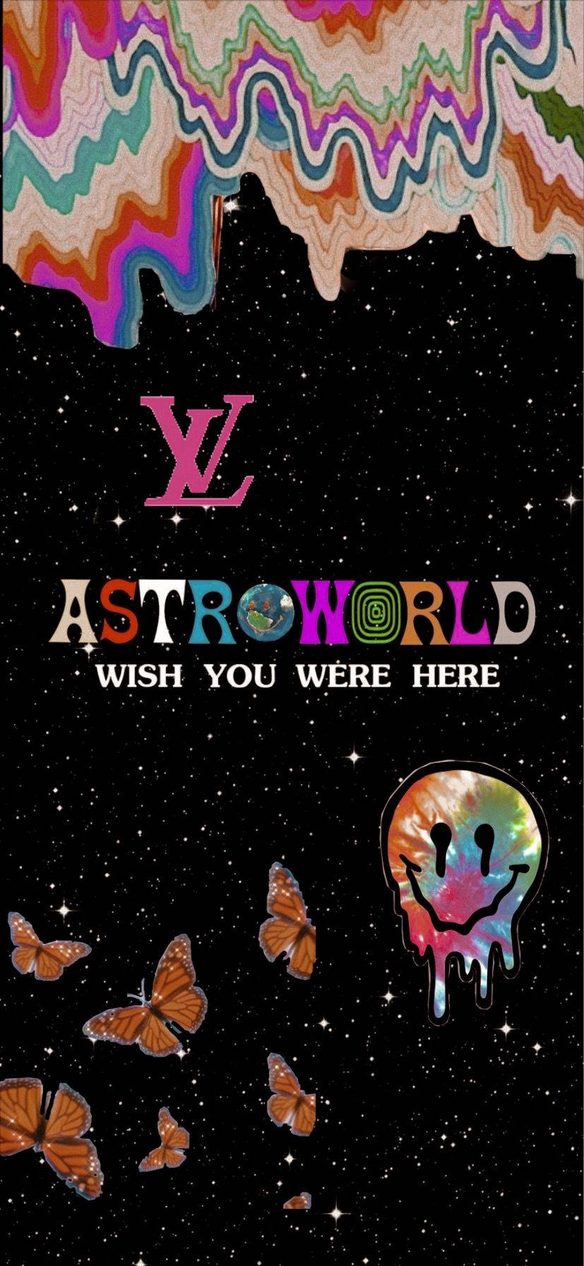 星光閃爍的太空場景，蝴蝶和一個微笑的骷髏頭在滴落的彩虹圖案下。