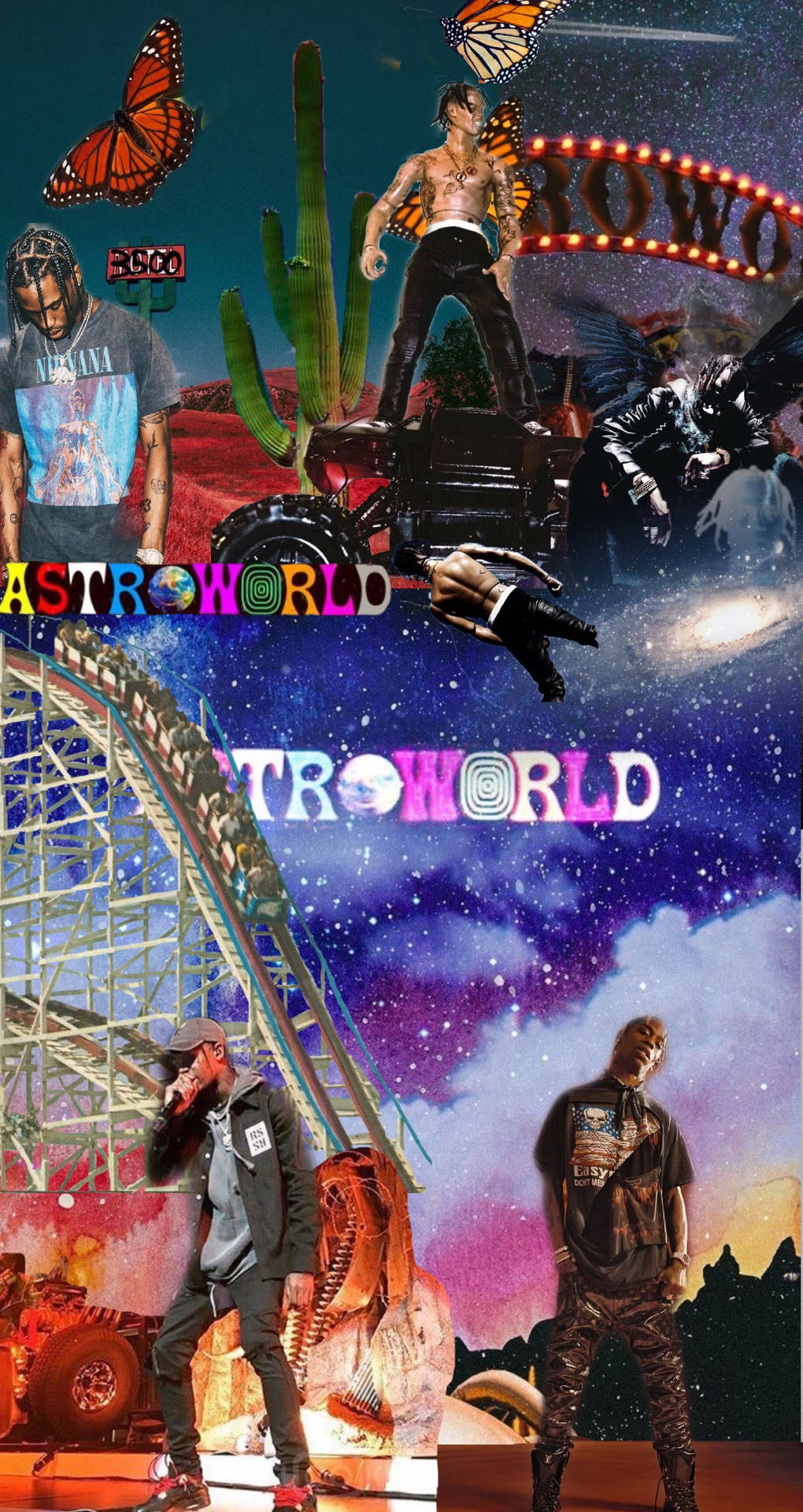 音樂家和蝴蝶漂浮在過山車上方，下方是星空，帶有「ASTROWORLD」字樣。