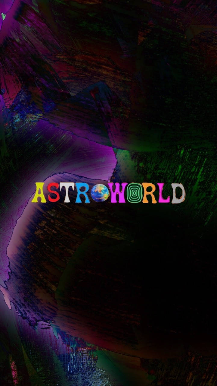 色彩繽紛的「ASTROWORLD」文字，帶有地球儀和螺旋字母，背景為深色抽象筆觸。