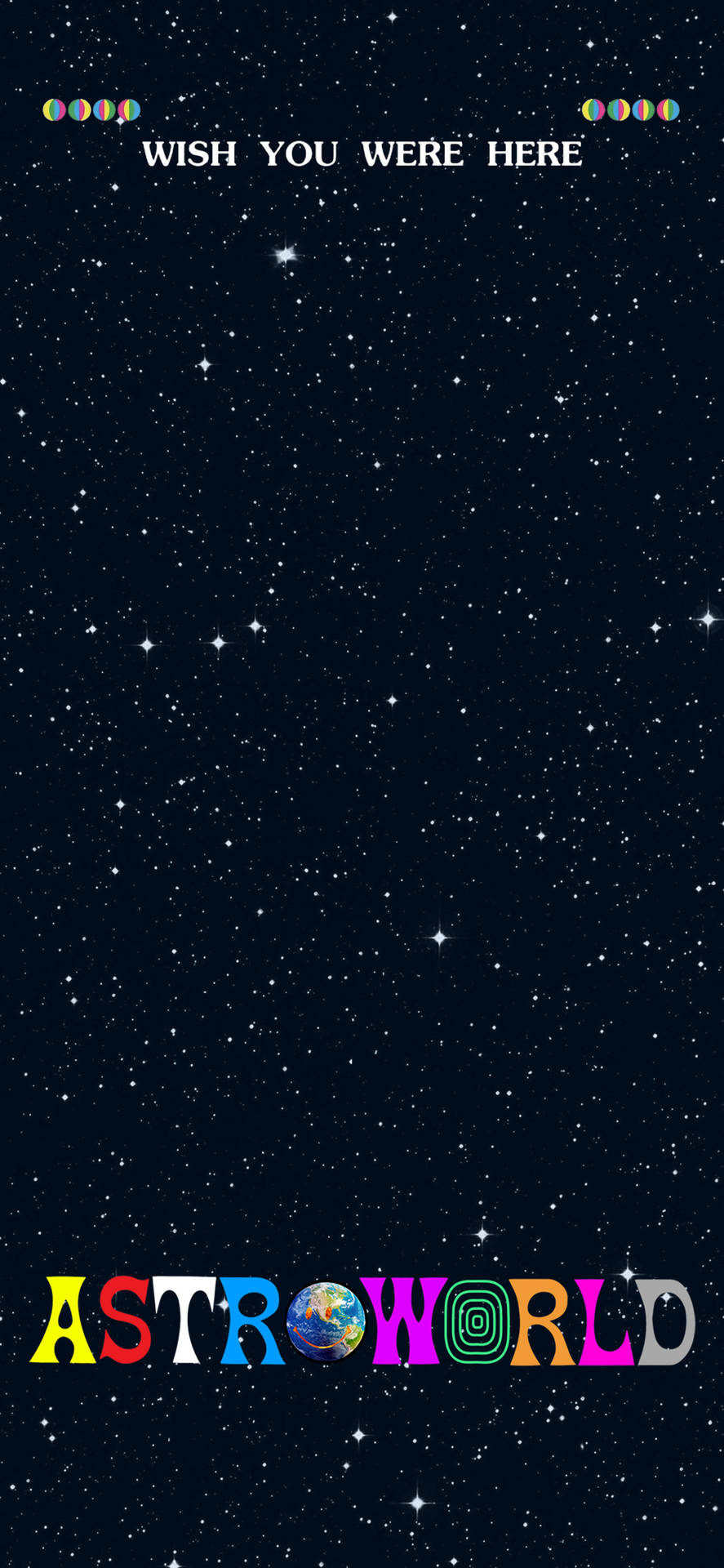 繁星點點的天空，帶有色彩繽紛的AstroWorld文字和wish you were here短語。