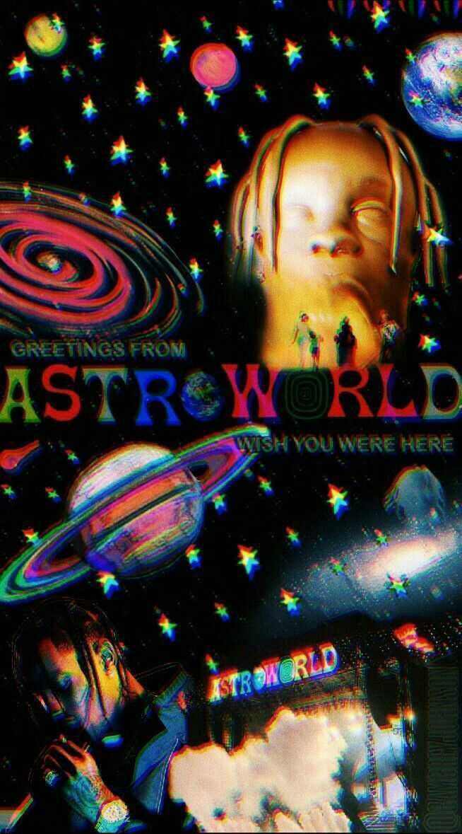 一個宇宙場景，包含發光的臉孔、行星和「Astroworld」文字。