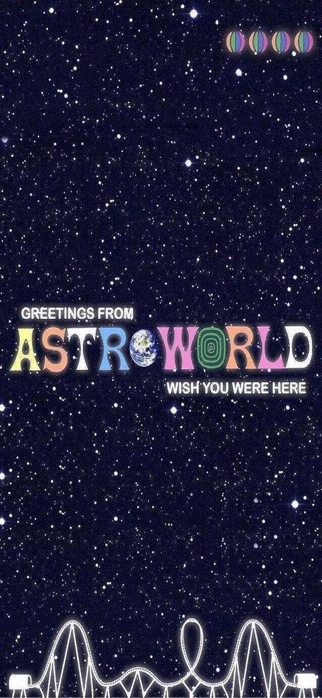 Astroworld iPhone 壁紙 星空問候卡 壁紙 — 繁星點點的夜空，帶有色彩繽紛的「Greetings from AstroWorld」文字和底部白色過山車剪影。