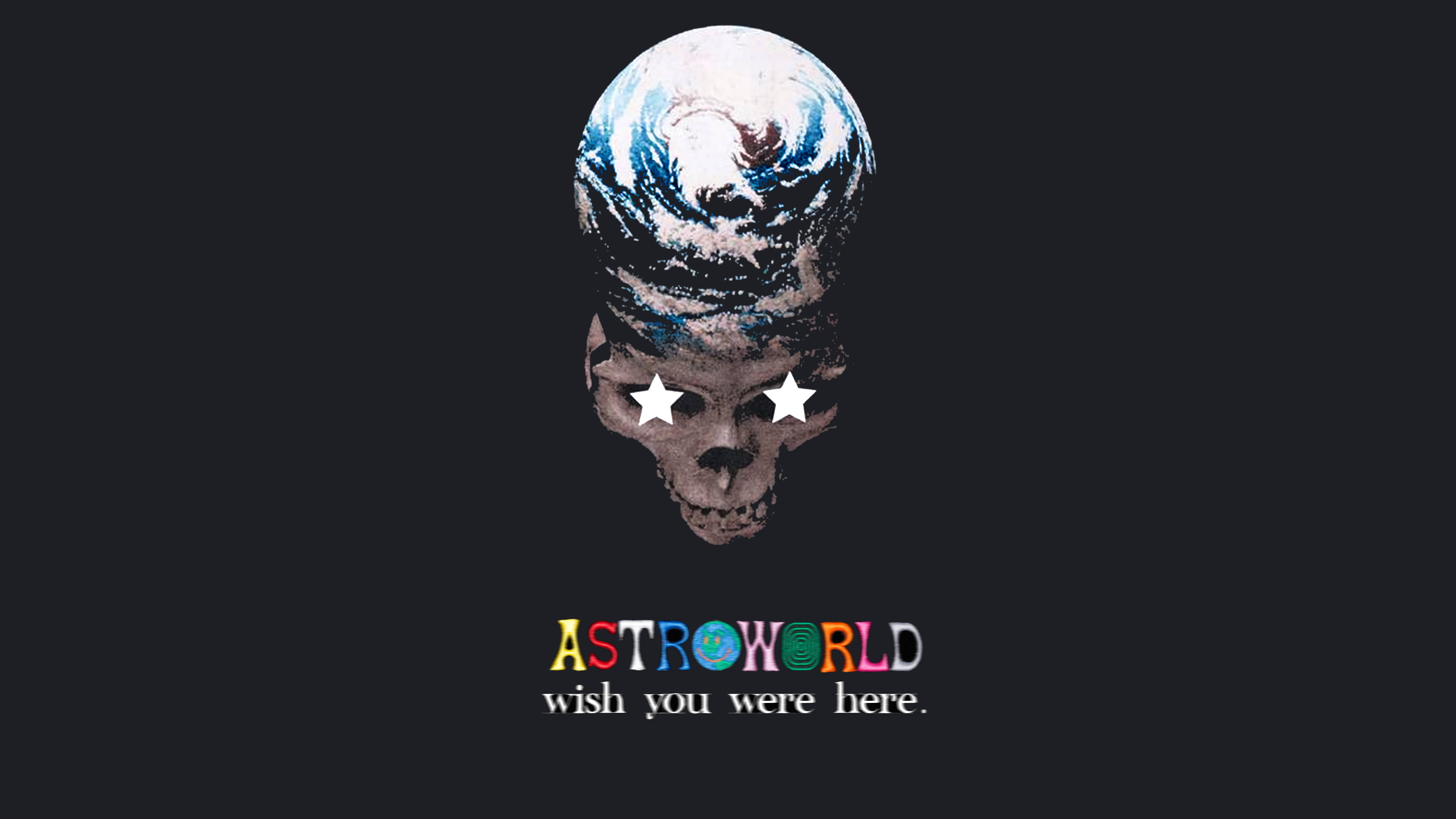 歡迎進入《Astroworld》的黑暗神秘面 壁紙 — 一個頭部為地球儀、眼睛為星星的骷髏，置於黑色背景上，下方有彩色「ASTROWORLD」文字。