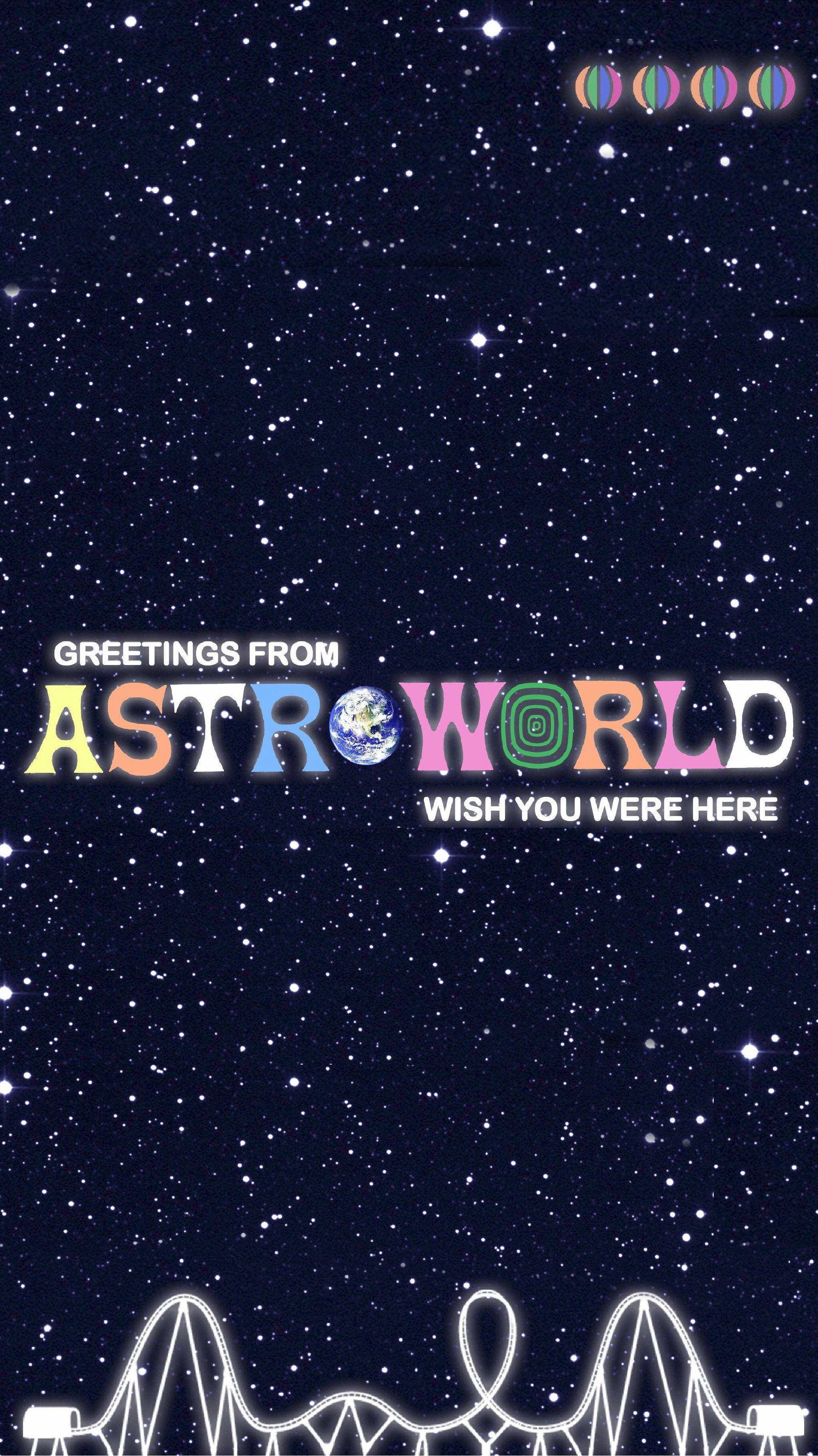 特拉維斯·斯科特《Astroworld》多個氣球 壁紙 — 繁星點點的夜空，帶有色彩繽紛的「Greetings from AstroWorld」標誌，底部有白色過山車輪廓。