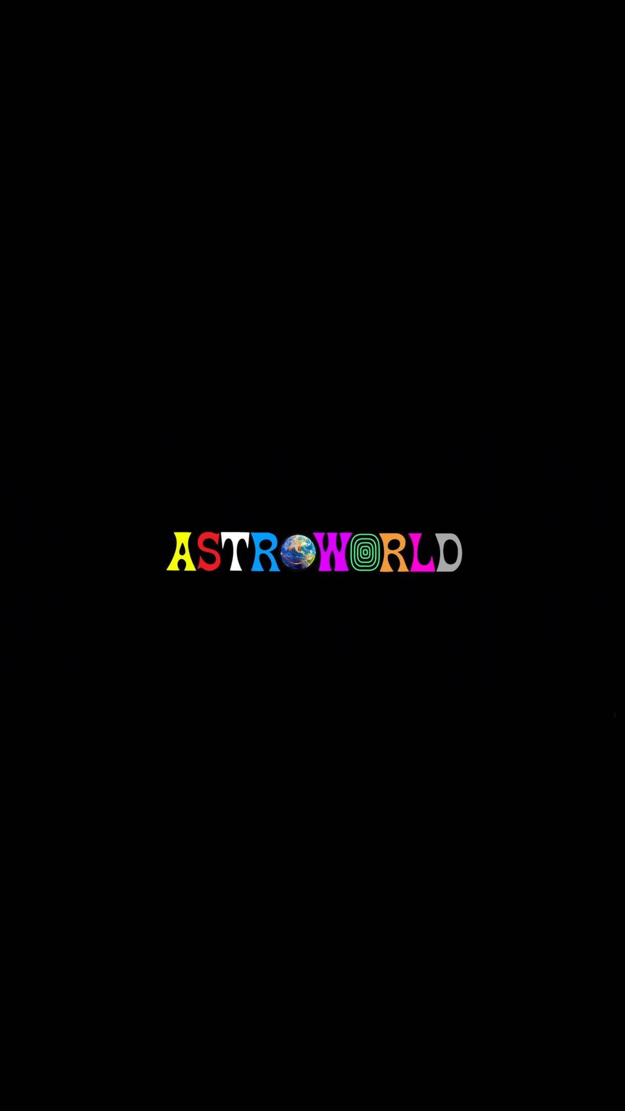 以Astroworld主題iPhone享受音樂與更多 壁紙 — 「ASTROWORLD」一詞以色彩繽紛的風格化字母呈現，其中「O」由地球儀取代，置中於黑色背景上。