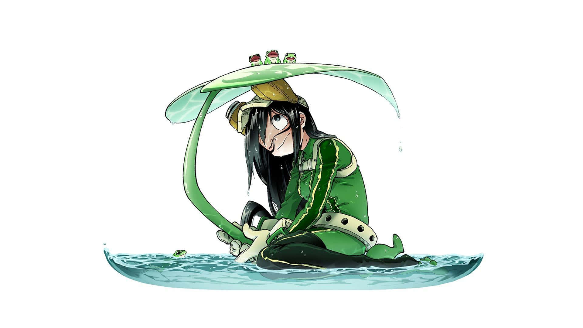 Asui Tsuyu 行動中的生動插畫 壁紙 — 一個穿著綠色衣服、黑色長髮的動漫女孩坐在淺水中，拿著一把巨大的葉子傘，傘頂上有三隻青蛙。
