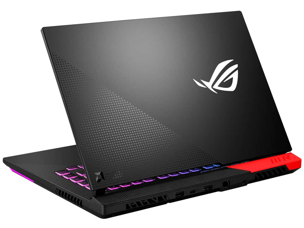 以 ASUS 感受更明亮的世界 壁紙 — 時尚黑色電競手提電腦，帶有鮮豔的紫色和紅色點綴及RGB鍵盤燈光。