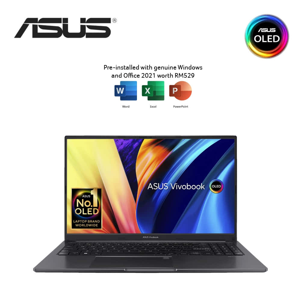 Asus OLED筆電畫面 壁紙 — 時尚黑色ASUS Vivobook手提電腦，配備鮮豔OLED顯示屏，顯示抽象彩色波浪和Windows Office圖標。