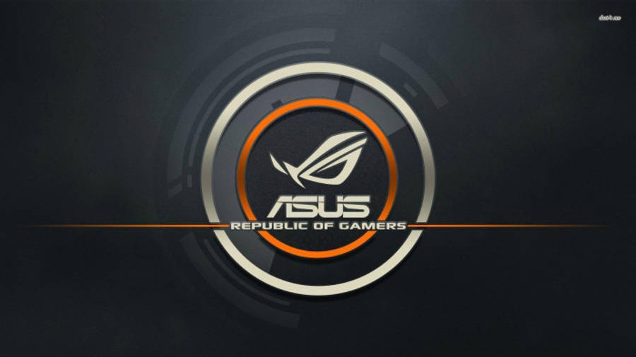 遊戲 桌布 壁紙 — ASUS Republic of Gamers 標誌居中於帶有橙色點綴的金屬圓形框架內，背景為深色漸變。