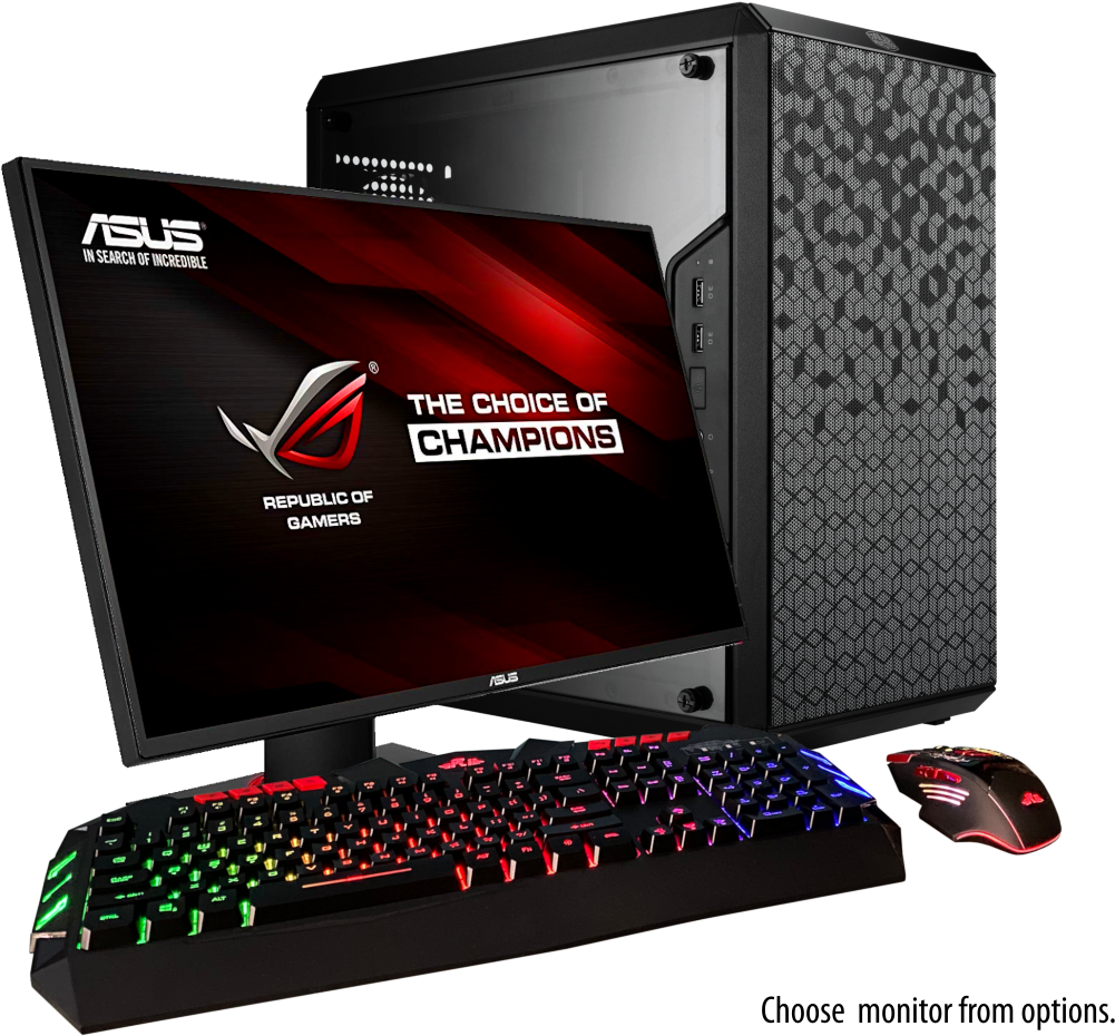 ASUS ROG 遊戲裝置 壁紙 — 時尚黑色ASUS ROG遊戲PC設置，配備RGB燈光鍵盤、滑鼠和顯示器，顯示「The Choice of Champions」標語。