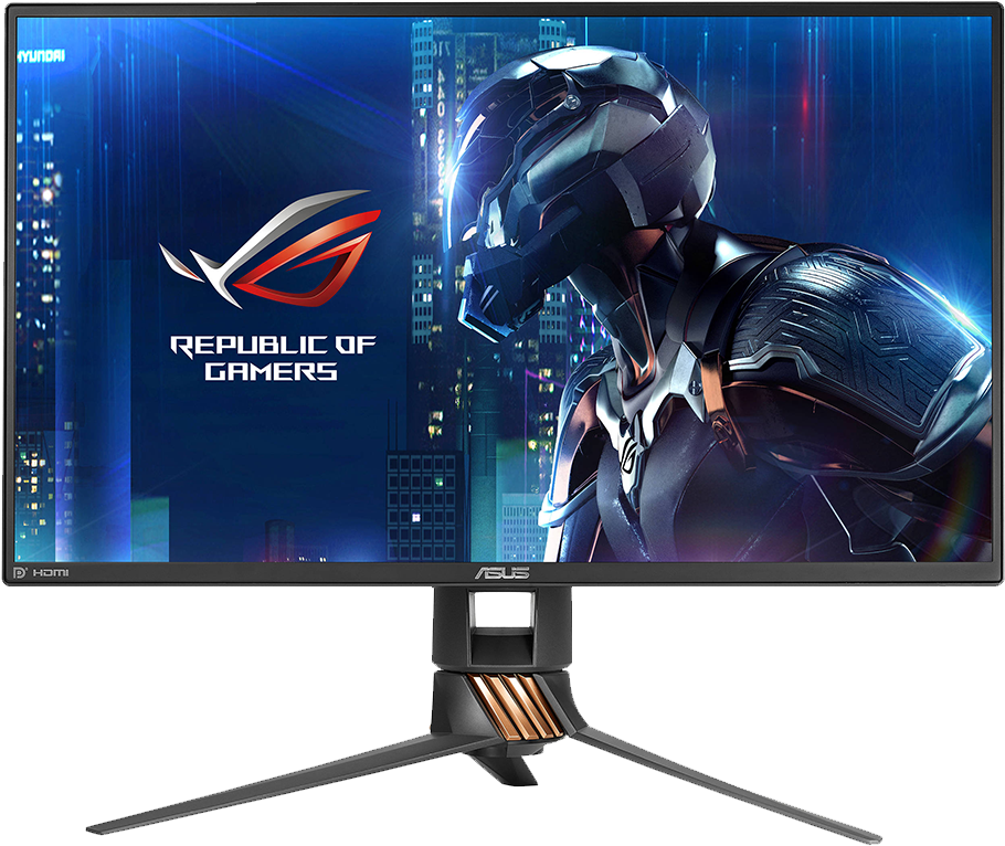 ASUS ROG 遊戲顯示器：未來戰甲 壁紙 — 時尚的ASUS ROG遊戲顯示器在夜間霓虹燈城市景觀中展示未來派裝甲戰士。